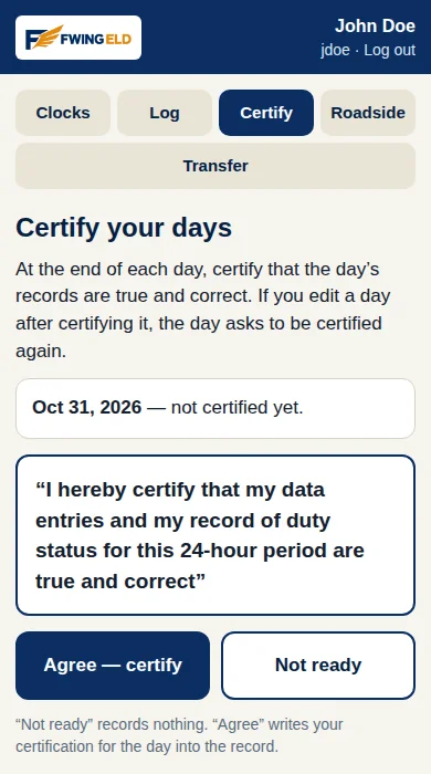 The FWING ELD app certify screen: the day's certification statement, with the Agree and Not ready buttons.