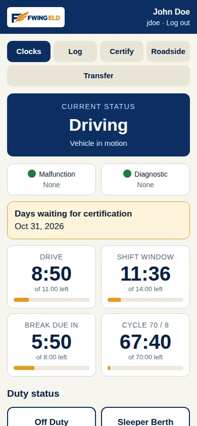 The FWING ELD app home screen: the driver's current status and the four hours clocks — drive, shift window, break due in, and the week — with the malfunction and diagnostic lights above them.