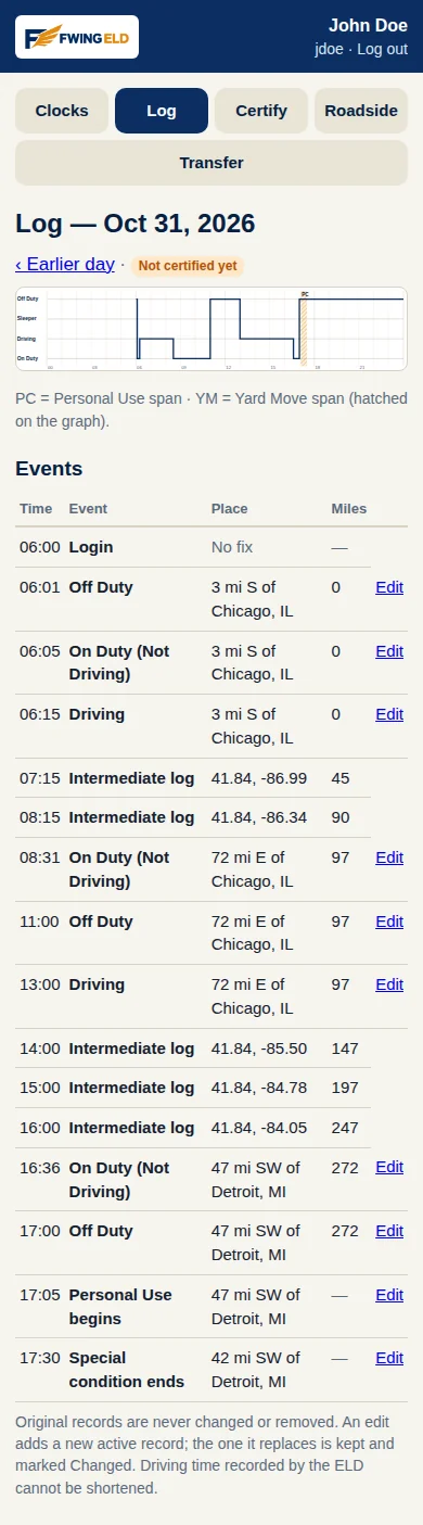 The FWING ELD app log screen: one day's graph with the personal-use span hatched, and every event of the day listed with its time, place and miles.