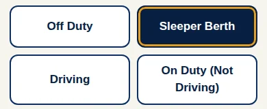 The FWING ELD app duty-status buttons: off duty, sleeper berth, driving and on duty — one big button for each status.