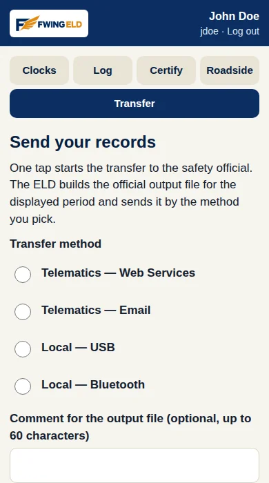 The FWING ELD app transfer screen: the driver picks web services, email, USB or Bluetooth, and can add a short comment for the output file.